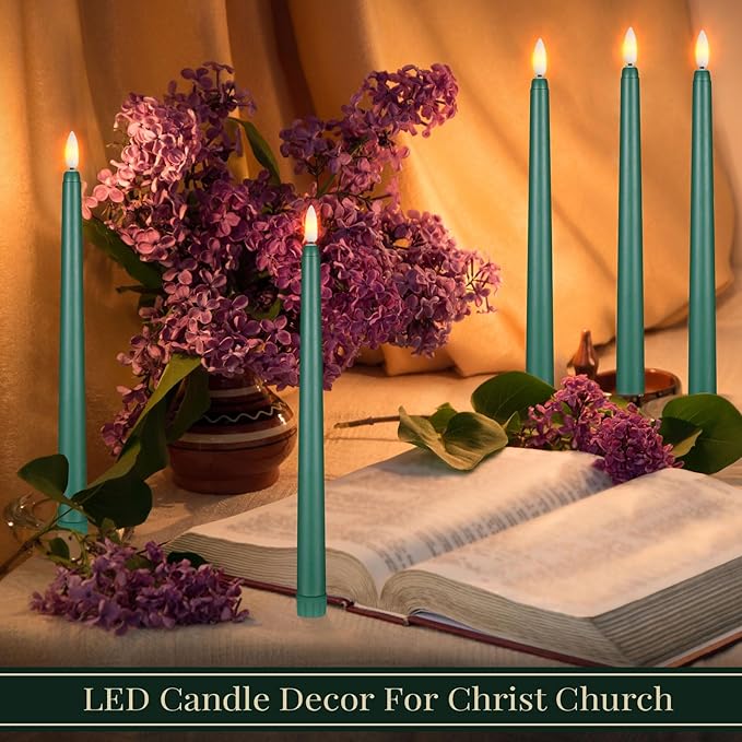 Macarrie 24 Packs Flameless Taper Candles Battery Operated Fake 11 Inch Long Candlelight LED Flameless Candlesticks Flickering Tapered for Spring Summer Wedding(Green)