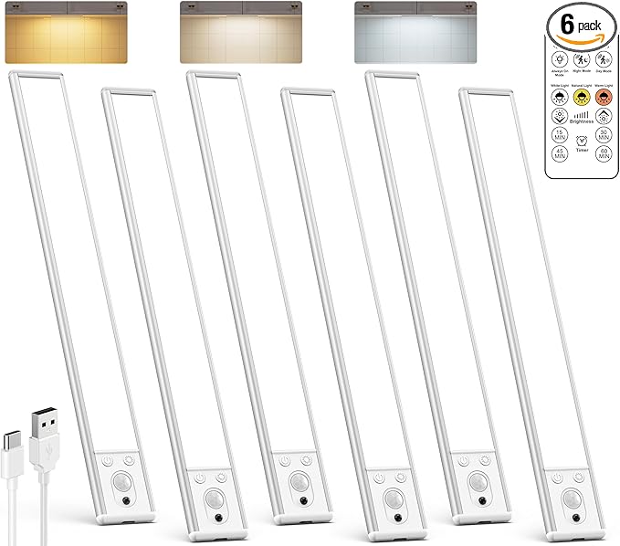 Under Cabinet Lighting Wireless, Rechargeable LED Motion Sensor Light Indoor, Closet Lights with Remote, Timer, 3 Color Temps & Dimmable Magnetic Under Counter Lights for Kitchen, Stairs, 6 Pack