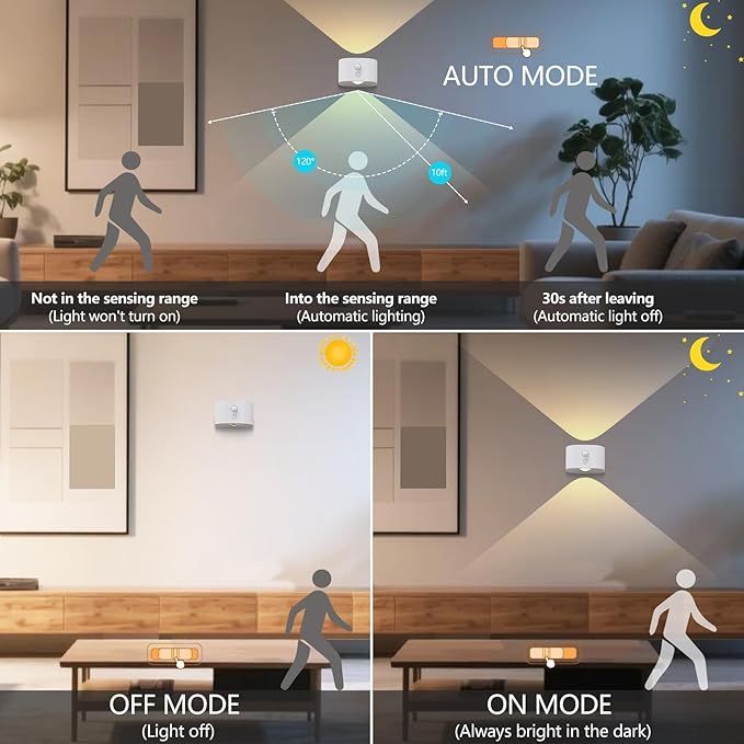 Motion Sensor Wall Light Indoor, Battery Operated Sconce 360°Rotate, Rechargeable Cordless Night Light, Touch Dimmable 3 Brightness, UP Down LED Wall Lamp for Stairs, Closet, Bedroom, Bathroom