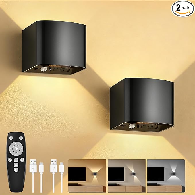 Rechargeable Motion Sensor Wall Light, Black 6000mAh LED Wireless Sconces with Remote Control, 10-100% Dimmable 2700K-6500K, Adjustable Beam Angle, Battery Operated, 3 Modes for Indoor Bedroom, 2-Pack