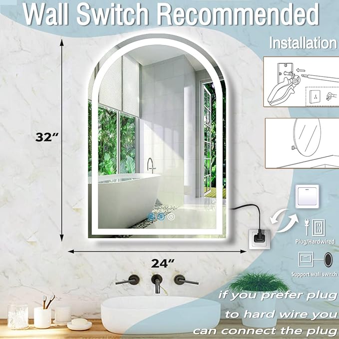 32 x 24 Inch LED Arch Mirror with Lights AntiFog 3 Color Adjustable Brightness Frontlits 32" Arched Lighted Vanity Mirror for Bathroom Wall Mounted Makeup Tabletop Smart Arch Light up Mirrors
