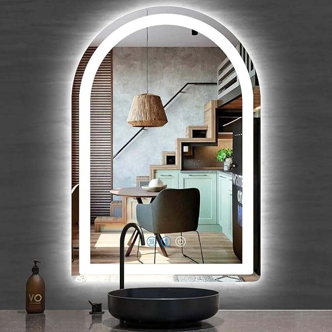 LED Arch Mirror with Lights 16 x 24 Inch Arched Lighted Mirror for Bathroom Makeup Table Wall Arch Vanity Mirror with Light Smart Memory 3 Color Dimmable AntiFog LED Arched Mirrors
