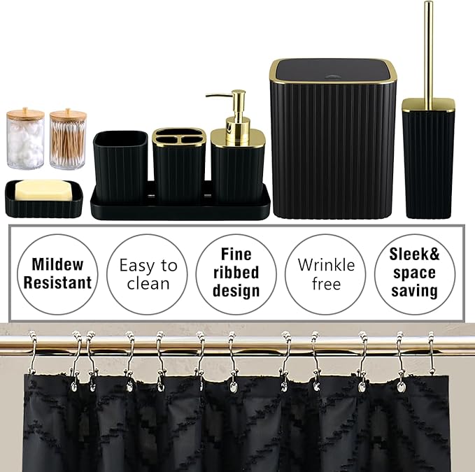 Bathroom Accessories Set-23Pcs Set, Complete Bathroom Decor, Bathroom Set with Shower Curtain & Liner Sets, Trash Can, Soap Dispenser,Modern Bath Essentials (Black, Bath Set+Shower Curtain&Liner Set)