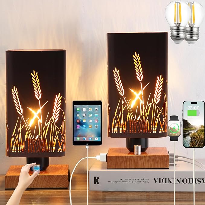 Industrial Table Lamp Sets of 2 with USB Ports and Outlet, Rustic Dimmable Bedside lamp with Charging Station, Metal Square Shadow Nightstand Lamp for Bedroom Living Room End Tables