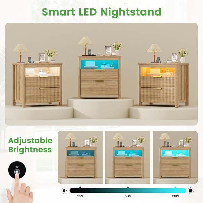 HNEBC Nightstand with Gun Drawer for Bedroom, Wood Night Stand with Hidden Compartment, Auto LED Lighted, Charger Station, 2 Drawer, 23.6" Wider Bedside Table for Dorm,Sofa,Office