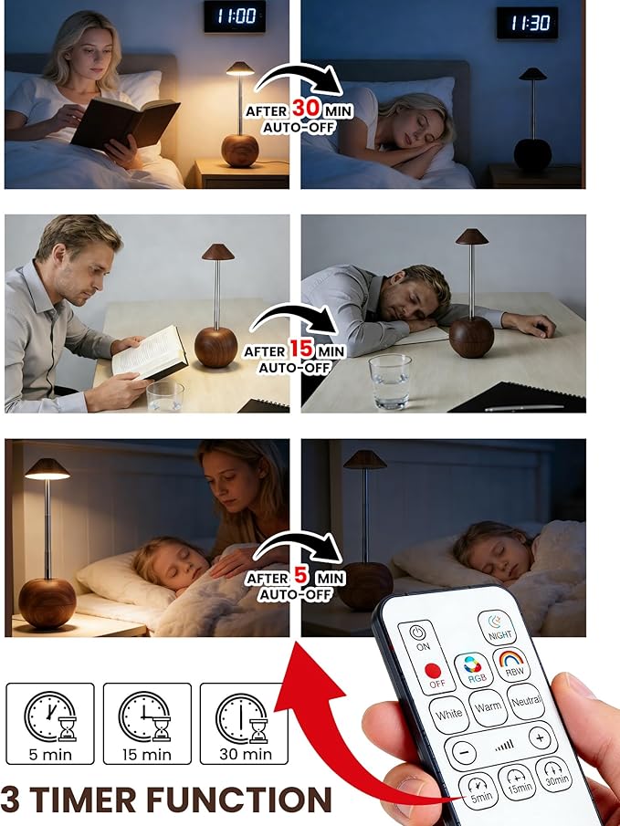 yadoker Tumbler Table Lamp with Remote, Cordless Touch Bedside Lamp, Rechargeable USB Small Lamp for Nightstand, Multiple Colors Dimmable Mushroom Shape Night Light for Nursery, Bedroom (Walnut)