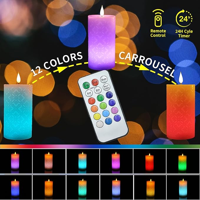 NICEME LED Color Changing Candle with Remote Timer 6” Electric Multi Colored Flameless Candle Battery Operated Round Ivory Flickering Pillar Votive Candle for Halloween Christmas Wedding Party Decor