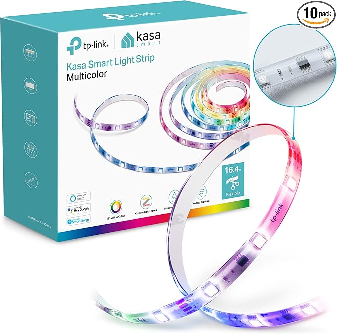 Kasa Smart LED Light Strip,50 Color Zones RGBIC,16.4ft Wi-Fi LED Strip Works w/Alexa,Google Home & SmartThings,High Brightness,16M Colors,PU Coating,Trimmable,2 Yr Warranty (KL420L5),(Pack of 10)
