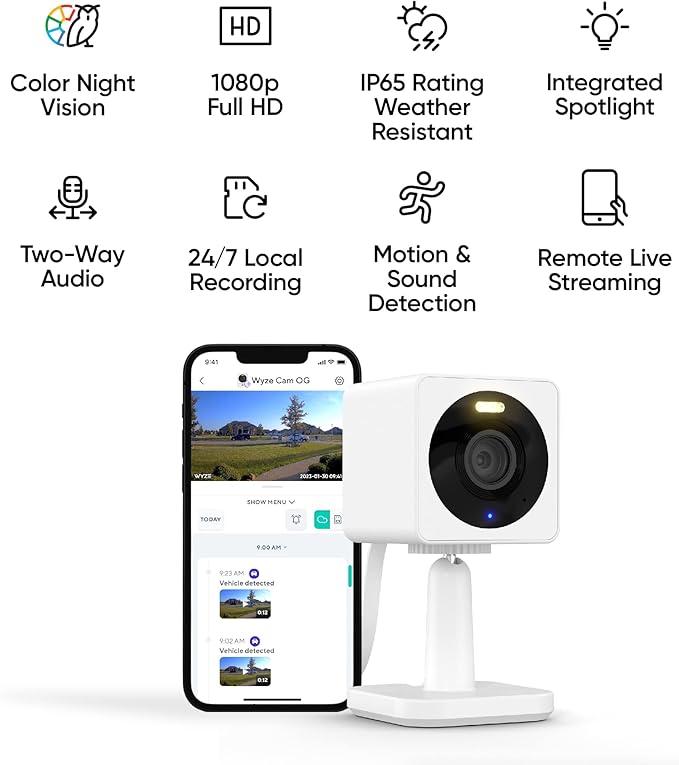 WYZE Cam OG Indoor/Outdoor 1080p Wi-Fi Smart Home Security Camera with Color Night Vision, Wired, Motion Detection, 2-Way Audio, Compatible with Alexa & Google, White (2-Pack), Free Expert Setup