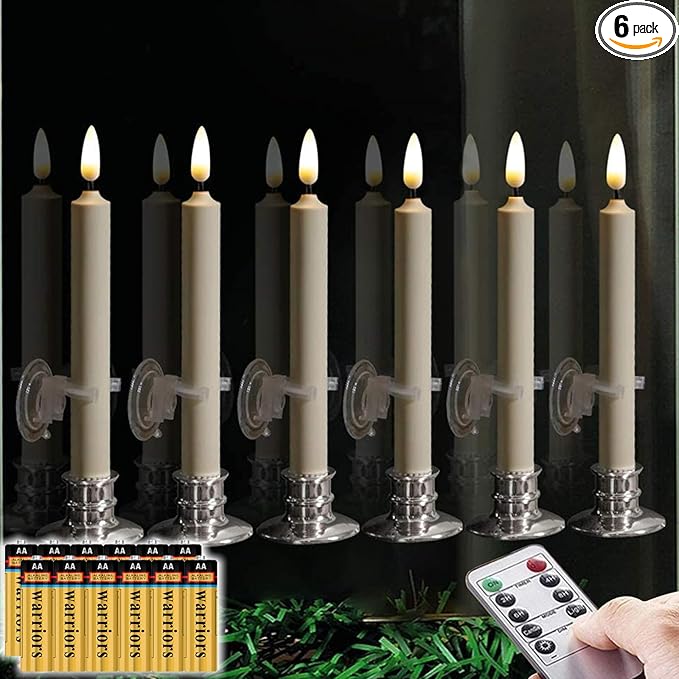 6PACK Flameless Battery Powered 8'' Ivory Taper Windows Candles, Include 12 AA Batteries, with Remote and Timer, with Suction Cup and Removable Silver Candleholders, Remote Included, Patented