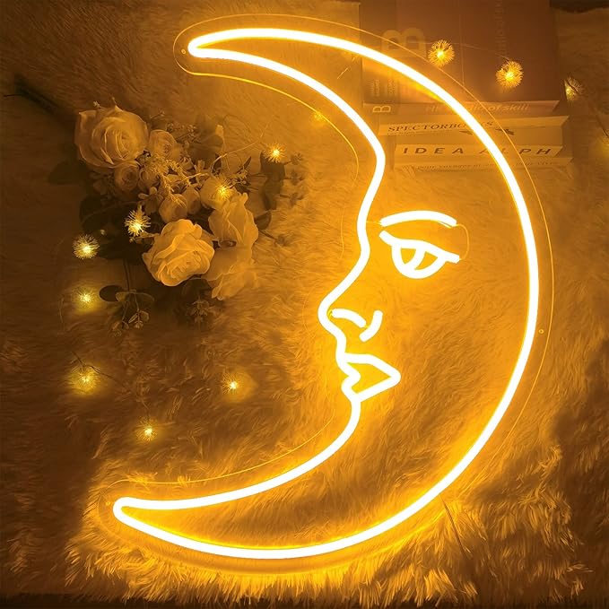 Moon Face Neon Sign Wall Decor, 3D Aesthetic Art Moon LED Sign Light, Retro Night Light, Crescent Led Sign Astronomy Lamp for Bedroom Home Bar Man Cave Parties, Housewarming Gifts - 16"