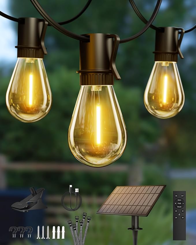 Torkase 60FT Solar Outdoor String Lights, 18+1 Shatterproof LED Bulbs, Waterproof, USB Rechargeable, 2200K Warm White, Energy-Saving Hanging Patio Lights for Garden, Porch, Bistro, Deck, Camping
