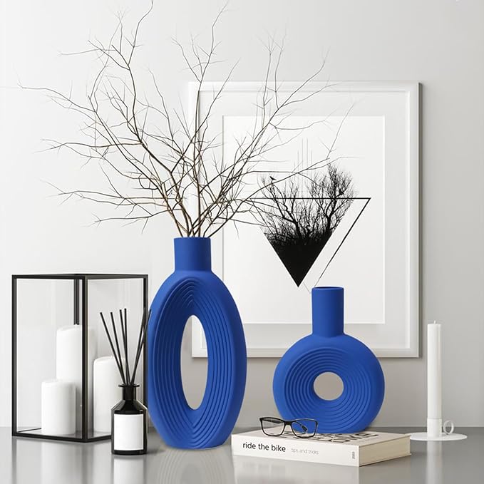 Ceramic Vase - Set of 2 for Home Decor, Pampas Vases Minimalist Nordic Boho Style for Modern Farmhouse Decor, Living Room、 Kitchen、Mantle、Bedroom、Dining Table、Office
