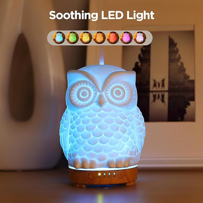 Owl Ceramic Aromatherapy Diffuser INRORANS 160ml Stone ultrasonic Cool Mist Scent Essential Oil Diffuser Humidifier with Intermittent Mist & LED 7 Colors Changing Night Light for Bedroom Office Home