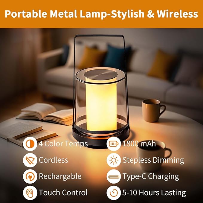 Black Touch Table Lamp with Dynamic Flame Effect - Portable, Rechargeable Bedside Lamp, Tap for Flickering Fire & Candle Light Modes, Dimmable for Bedroom, Camping, Gifts