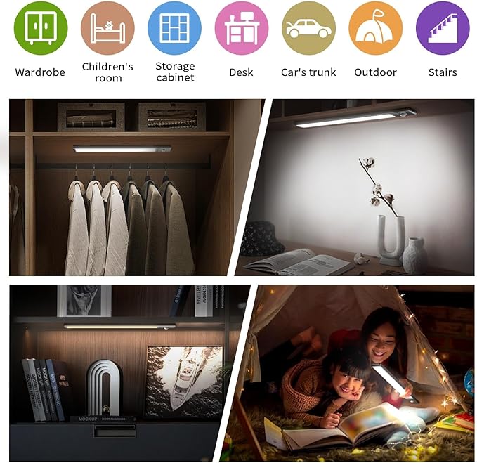Motion Sensor Under Cabinet Lighting-Magnetic Rechargeable Closet Lights for Kitchen,Stairs,Wardrobe | 3-Color Dimmable LED Under Counter Lighting | Cord-Free Light Bars (9.5inch-4Pack)