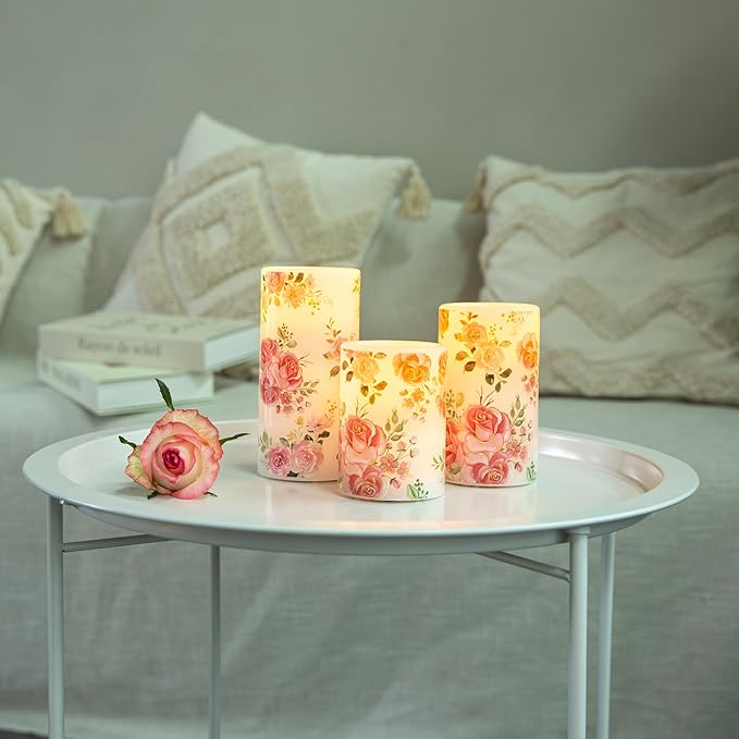 Flameless Candles with Remote, Battery Operated Candles Real Wax Pink Rose Flickering LED Candles Floral Christmas Decor Electric Pillar Candles Set of 3