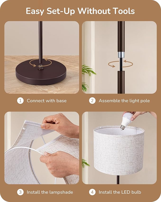 EDISHINE Minimalist Floor Lamp with 2 Shades, Adjustable Brightness & Color Temperature, Remote Control, Dimmable Modern Standing Lamp for Living Room, Bedroom, E26, A19 Bulb Included, Brown