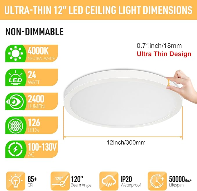 SunRider 2-Pack LED Flush Mount Ceiling Light Fixture, 4000K Neutral White, 2400LM, 12 Inch 24W 240W Equiv. Round Flat Ceiling Lights, Non-Dimmable