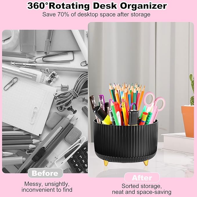 Black Desk Organizers and Accessories Set with 360-Degree Rotating Pen Holder, Tape Dispenser, Stapler, Staple Remover, 1000 Staples, Tape, Clips Set, Ruler, Scissor, Pen