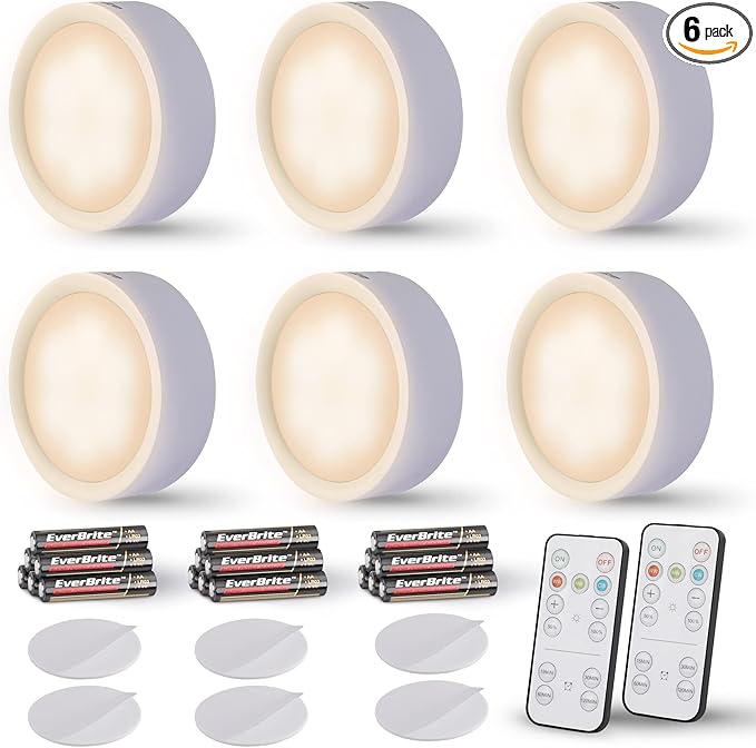 EverBrite Puck Lights with Remote, Wireless LED Battery Operated, Under Cabinet Timer, Stick on Light, Closet Light Dimmable for Closet, Bedroom, Included (6-Pack)