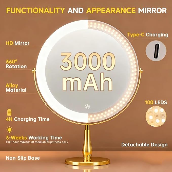 9" Extra Large Lighted Makeup Mirror, 1X/10X, 2-Sided Magnifying Mirror with 96 LEDs, 3 Color Dimmable Lights, 360° Swivel, LED Vanity Mirror, White - Great Gift Gold