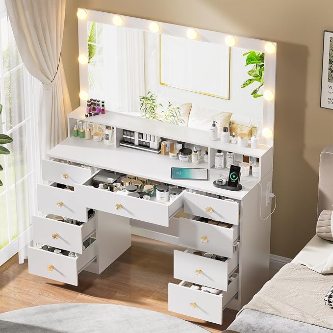White Vanity with Lighted Mirror, Makeup Vanity Desk with Power Outlet, 9 Drawers & Shelf Storage, 43.3” Large Vanity Desk, Women Girls Vanity Dressing Table for Bedroom Bathroom