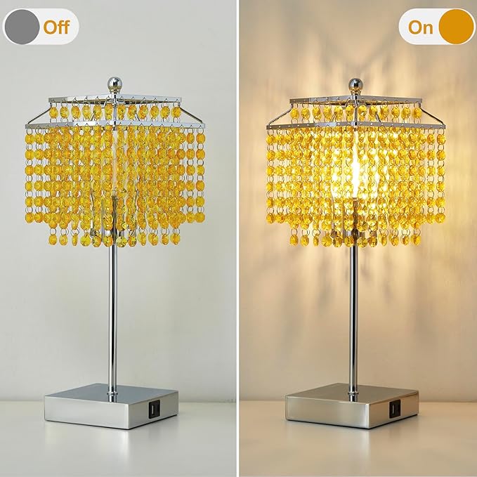 Luvkczc Crystal Table Lamp with Touch Control, Bedside Crystal Table Lamp with USB C+A Ports, Dimmable Lamp for Girls Bedroom, Living Room, Light Yellow & B11 LED Bulb Included