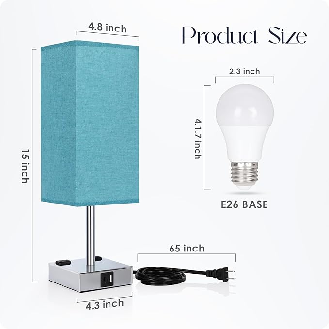 Bedside Lamp with USB Ports - Touch Control Table Lamp for Bedroom with USB C+A Charging Ports & AC Outlets, 3 Way Dimmable Nightstand Light with Flaxen Shade for Living Room (LED Bulb Included, Blue)