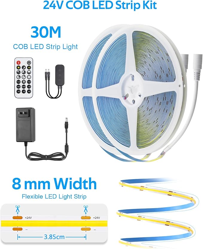 Aclorol 24V COB LED Strip Light 3000K Dimmable LED Lights Strip 100FT with Remote Warm White Rope Lights Flexible for Kitchen Bedroom Living Room Shelf Cabinet 320LEDs/M CRI 85+ (2Rolls of 50FT)