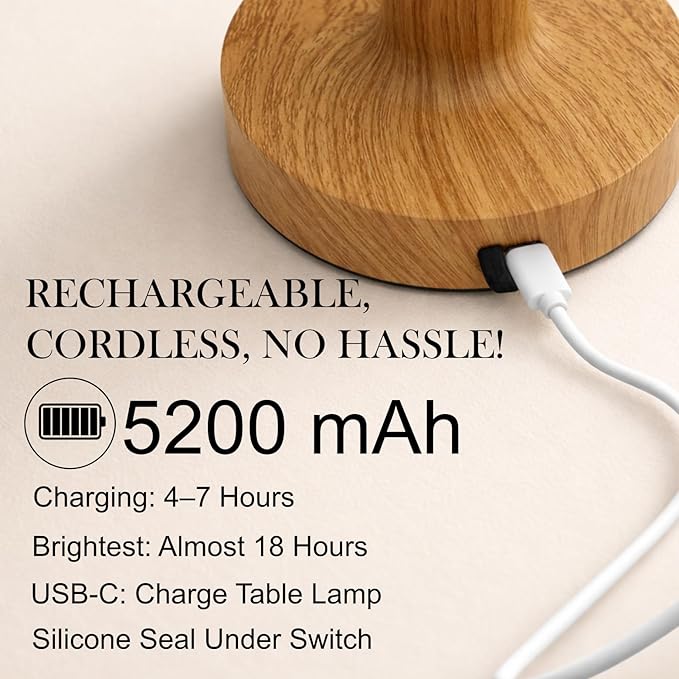 Cordless Table Lamp, Rechargeable Table Lamp, Waterproof Shower Lamp, 5200mAh Small Lamps, 3-Color Dimmable Touch Light, Portable Outdoor and indoor table lamp, Bedside night light (Natural Wood)