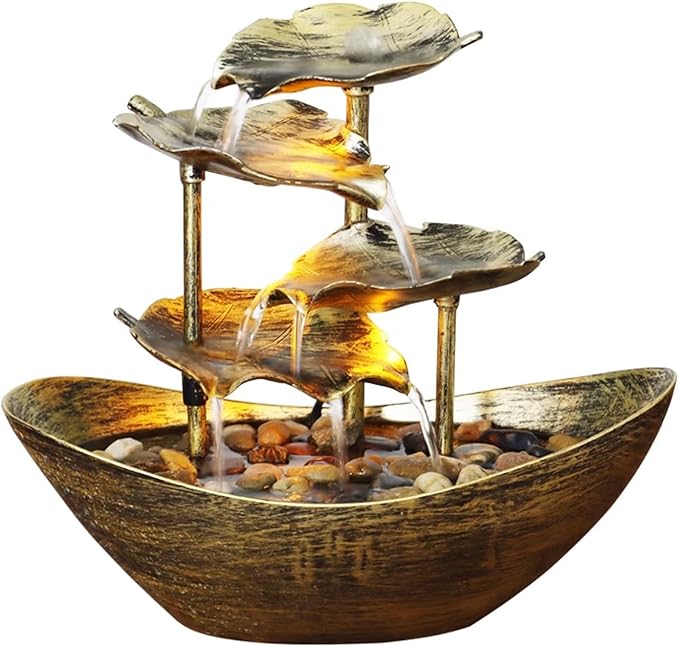 Meditation Decor, Desktop Lotus Leaf Yuanbao Flowing Water Fountain Decoration Living Room Screen Porch Home Decoration, LED Atmosphere Night Light,Office Home Decoralth (C)