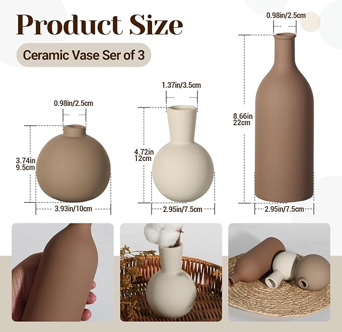 Ceramic Vase - Handmade Pottery Neutral Tone Home Decor for Floral Arrangements, Table Mantel Tray Decor - Modern Farmhouse Vases for Living Room Bedroom Kitchen Entryway (Multicolor-Brown, 3 PCS)