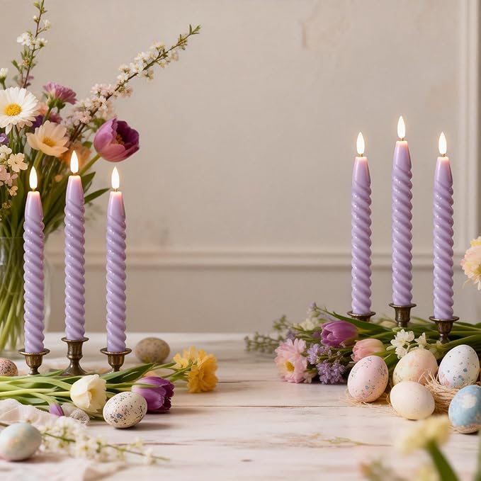 Easter Flameless Taper Candles Flickering with Remote Timer, Gentle Lavender Battery Operated Real Wax LED Spiral Candles for Home Wedding Spring Easter Decoration(0.78 X 9.8 Inchs)