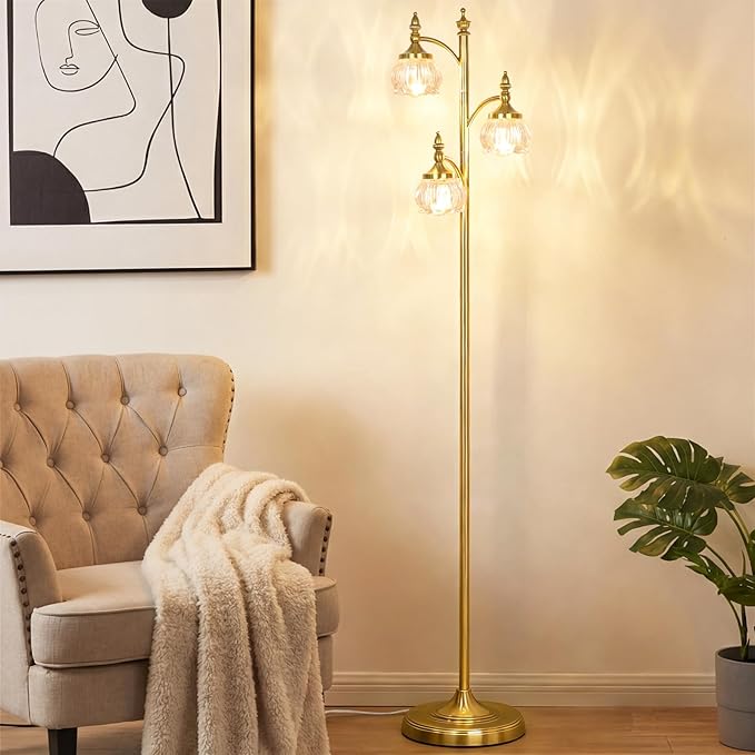Floor Lamp Gold Glass Brass 66.5in Tall Standing Lamp for Living Room with 3 Brightness Lights Vintage Tree Flower Lamp for Bedroom Office(3LED Bulbs Included)