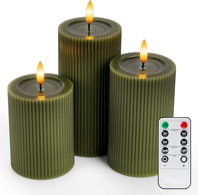 WYZworks Fluted Ribbed LED Pillar Candles, Loden Green, with Realistic Reflective Melted-Wax Effect – Flickering Flame, Remote, Dimmable, Flameless, Battery Operated, Home & Wedding Decor (Set of 3)