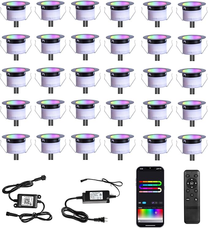 LED Deck Lights Kit, 30 Pack 1.77" Smart RGBW+IC Outdoor Lights | Low Voltage Recessed Deck & Step Lights | IP67 Waterproof Landscape Lighting for Stairs, Pool Deck & Garden | Works with Alexa/Google