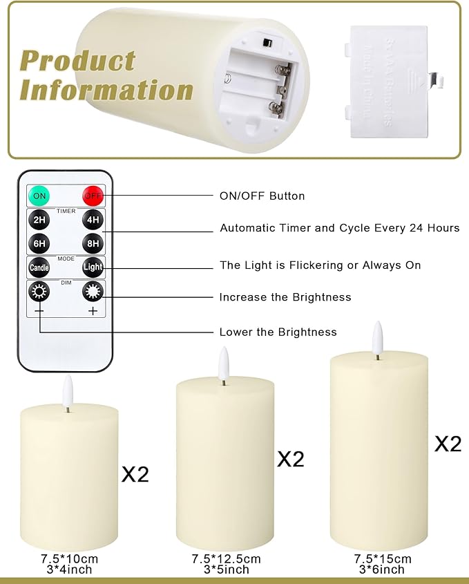 Leelosp 6 Pack Flameless Candles with Remote Timer, Battery Operated Flickering Flameless Candles Bulk Flat Top Pillar LED for Wedding Festival Outdoor Home Decor D 3'' H 4'' 5'' 6'' (Ivory White)