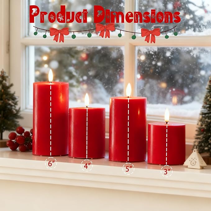 Red Flameless Pillar Candles with Remote Set of 4, Battery Operated Real Wax LED Candles, Perfect for Christmas Window, Romantic Dinner & Holiday Xmas Decor