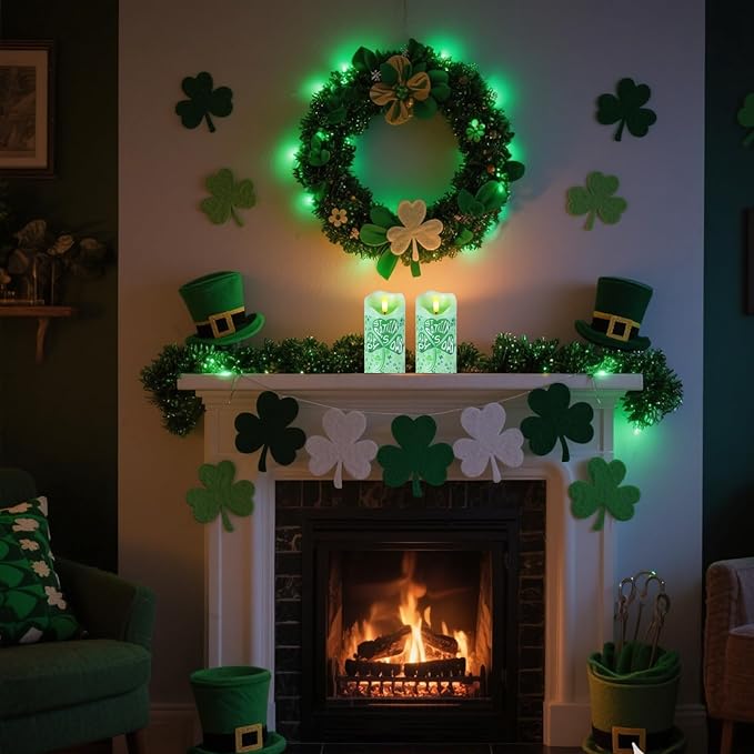 Flameless Candles Set of 2, 6"x3" Flickering Shamrock LED Candles with Remote & Timer, Real Wax St. Patrick's Day Electric Pillar Candles Battery Operated for Home St. Patrick's Day Decor (Clover)