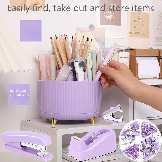 Office Supplies,Desk Accessories,with Stapler,Tape Dispenser,Staple Remover,Scissor,Ballpoint Pen,Sticky Notes,Clear Tape,Staples,Desk Organizer,Phone Stand,Binder,Index Tabs,Best Gift Set(Purple)