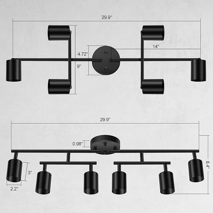BoostArea 6 Light Track Lighting Kit, Black 6 Way Ceiling Spot Lighting, Center Swivel Track Light Heads, Flexibly Rotatable Light Head for Kitchen, Living Room, Bedroom, GU10 Bulb Not Included