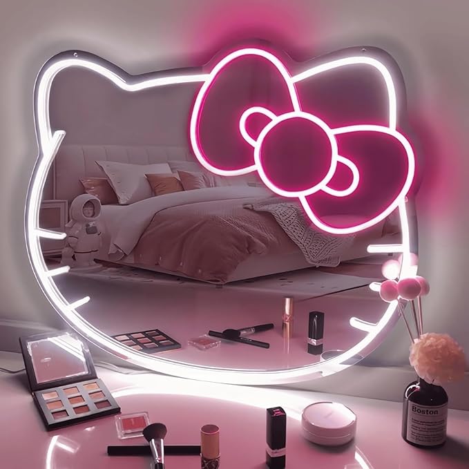 Hello Kit Mirror with Light Neon Signs for Room Decor, USB Powered Cute Cat LED Lights, Teen Girl Best Gift, Makeup Mirror Neon Sign Wall Decor (Warm White)