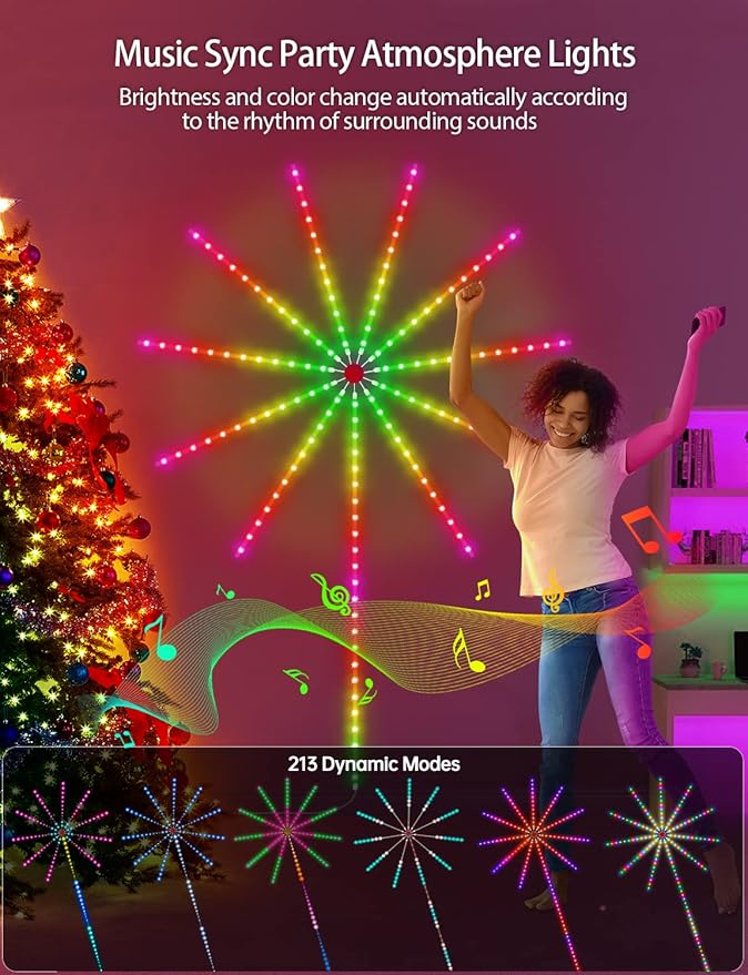 MATICOD Smart Firework Led Lights USB Powered Room Decor, Color Changing Fireworks Led Lights for Bedroom with Launch Burst Effect, RGB Led Strip Lights Remote App Control for New Year Party Decor