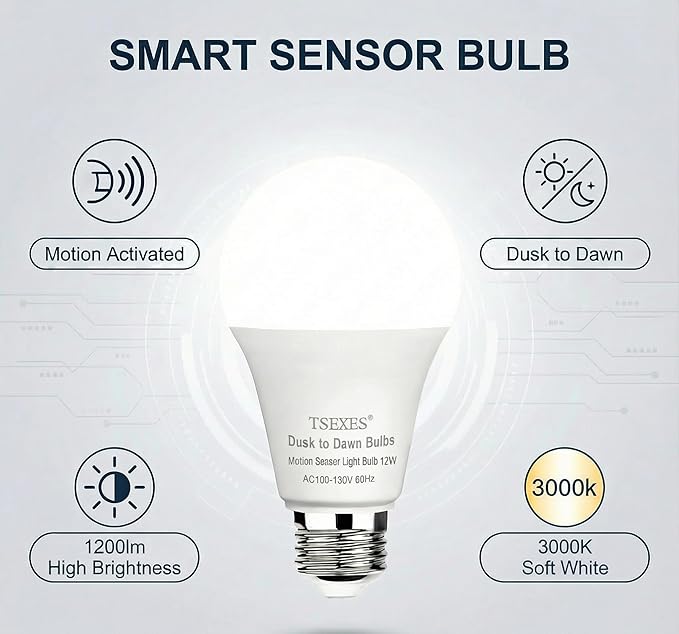 Motion Sensor Light Bulbs, 12W (100Watt Equivalent), Motion Activated Dusk to Dawn Security LED Bulb, 3000K Soft White for Outdoor & Indoor,Porch, Stairs, Hallway, 4-Pack