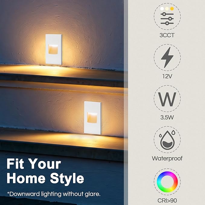 FTL Outdoor Step Lights LED Indoor Stair Lights, 3000K/4000K/5000K Color Changing Outdoor Deck Stair Light, 3.5W 150LM 12V Low Voltage Light for Steps Vertical, Waterproof White Aluminum 4-Pack