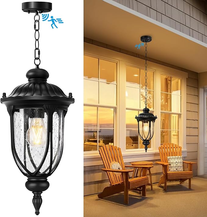 Lotsky Outdoor Hanging Lights with Motion Sensor, 15'' Dusk to Dawn Exterior Pendant Light for Porch, Anti-Rust Aluminum & Seed Glass Lantern, Outside Chandelier for Gazebo, Patio, Yard Black