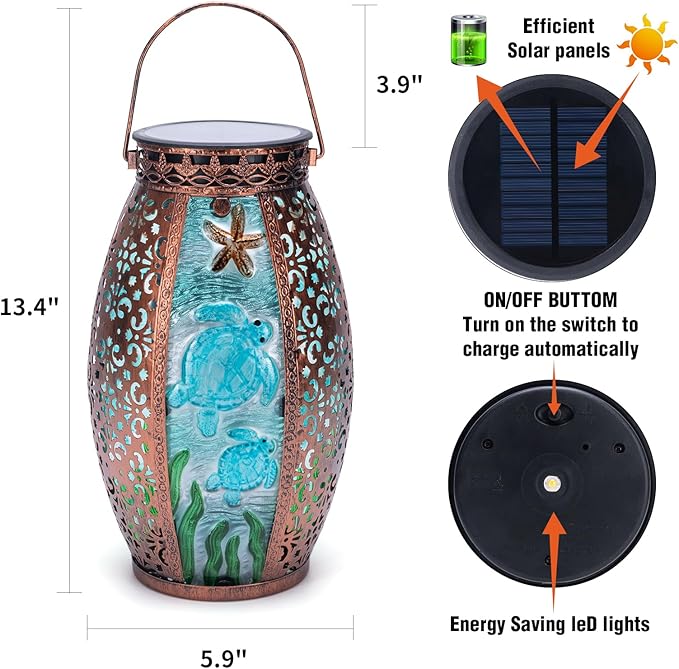 Outdoor Solar Lantern-Waterproof Turtles Hanging Metal Decorative Lights for Patio Table Garden Pathway Yard with Super Bright Warm White LED,Large Solar Panels