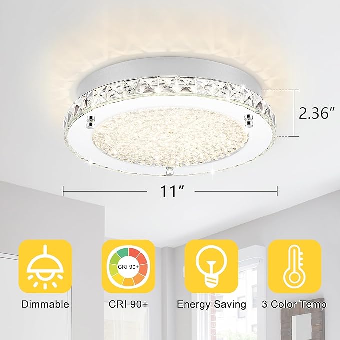 Crystal Flush Mount Ceiling Light 18W LED Dimmable Modern Ceiling Light for Bedroom, Closet, Foyer, Hallway, Dia 11 Inch, 3 Color Change