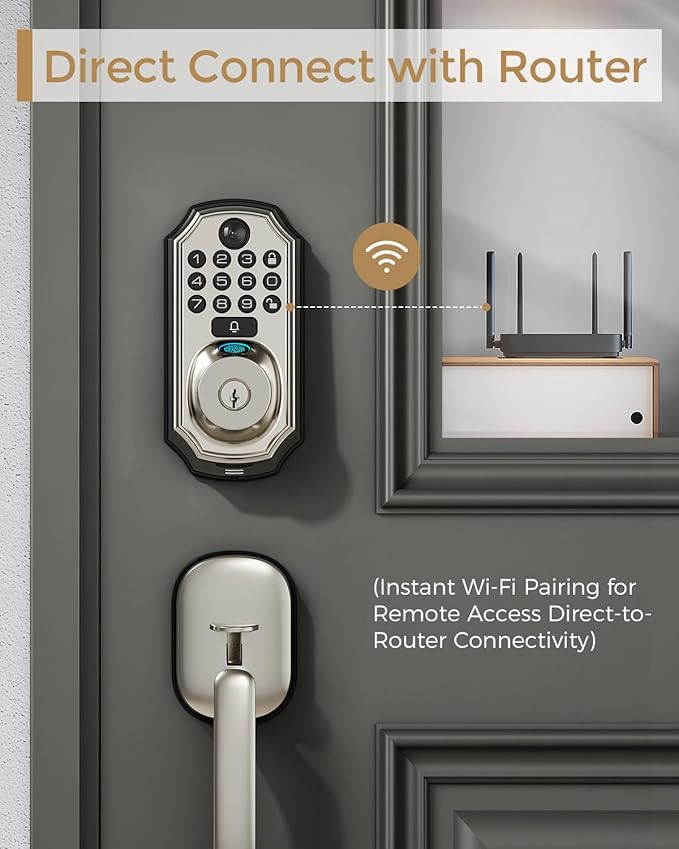 WiFi Smart Lock with Camera - Keyless Entry Deadbolt with Handle Set, 5-in-1 Camera+Doorbell+Fingerprint+Keypad, App Control, Auto Lock, Easy Install, Waterproof for Front Door, Satin Nickel